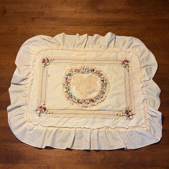 Vintage pillowcase cottagecore embroidered heart cream ruffle rosette - Picture 1 of 12